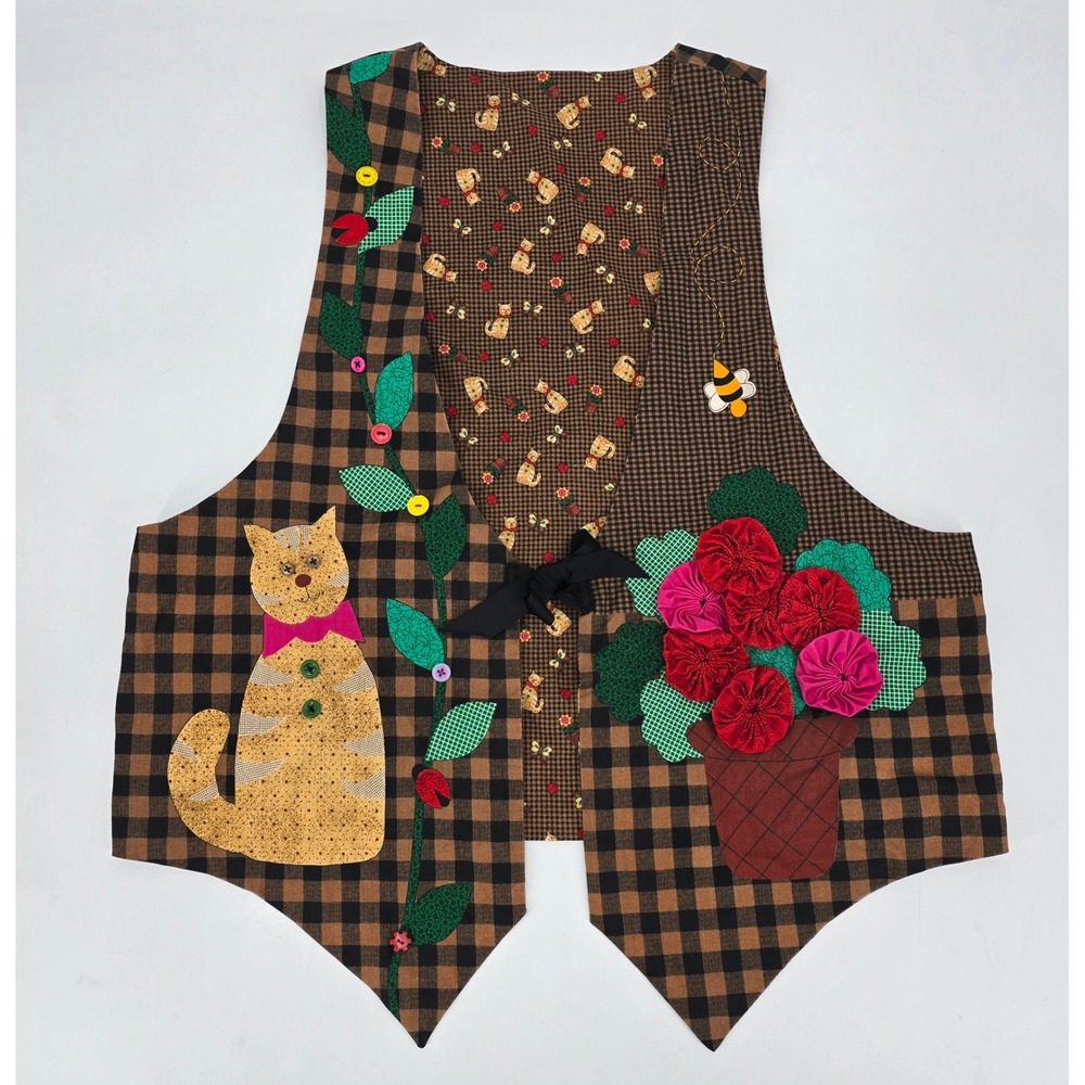 Vintage 90s Reversible Cat Vest Folk Art Patchwork Appliqué Cottagecore L XL